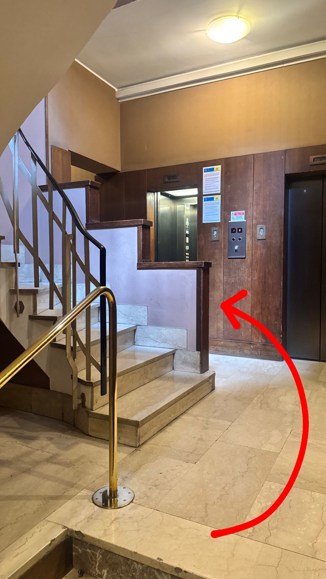 Exiting the elevator: 3 steps on the left
